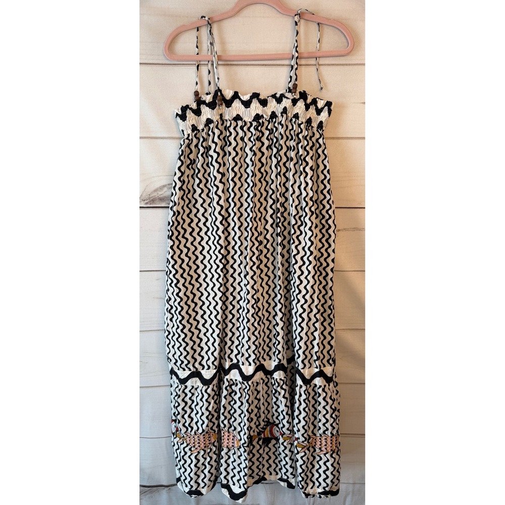 Oliphant Black White Wavy Fish Embroidered Cotton Midi Dress Womens XL Coastal
